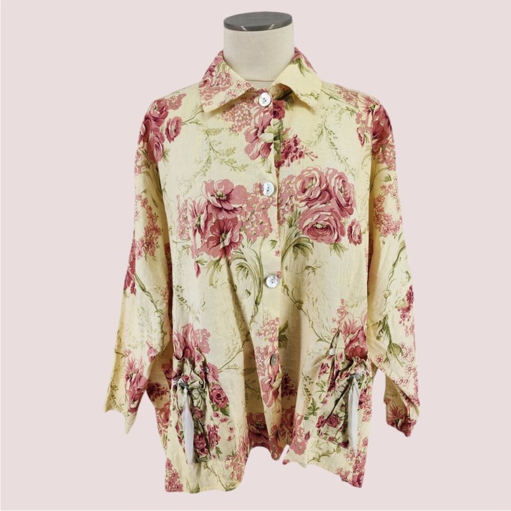 Angel Pie Vintage Oversized Linen Floral Blouse